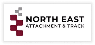 Logo of North East Attachment & Track with red and gray geometric shapes.