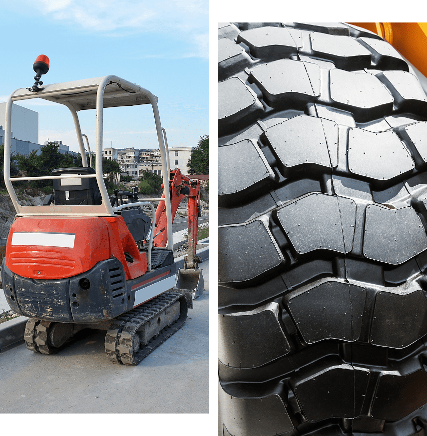 An excavator parked on a construction site next to a large close-up view of a treaded tire.