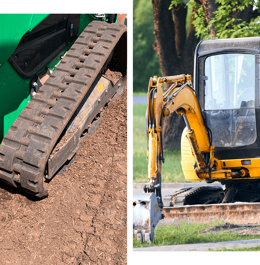Close-up of a green construction vehicle's track on dirt, next to a small yellow excavator on a concrete surface, with green trees in the background.