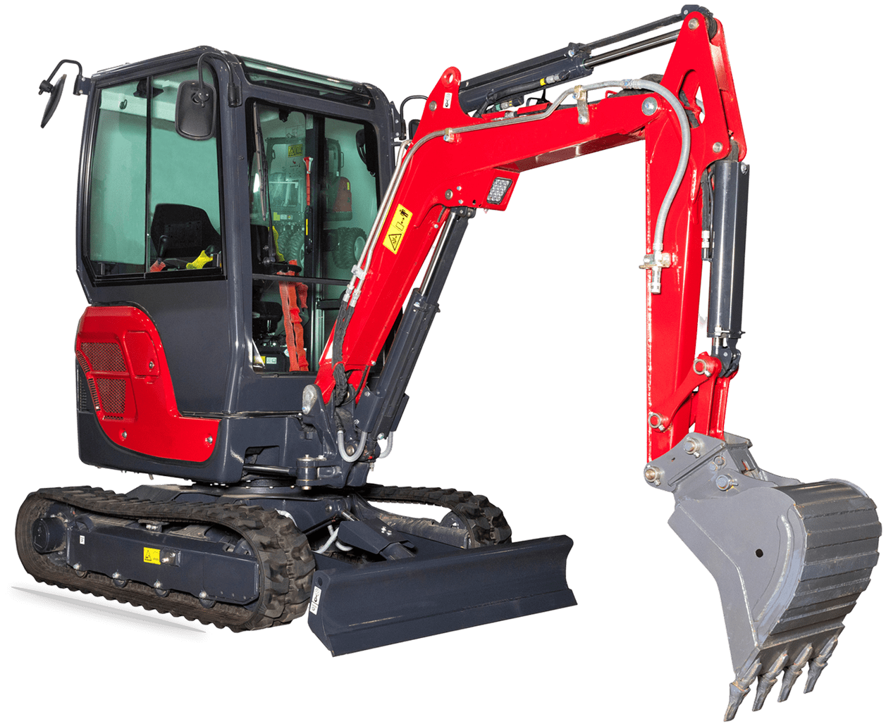 A red and black mini excavator with a digging bucket, positioned on white background.