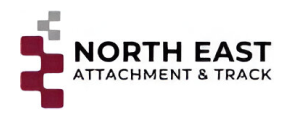 Logo of North East Attachment & Track featuring red and gray square shapes.