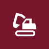 Icon of an excavator in white on a maroon background.
