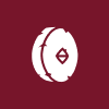 A stylized white turntable with a diamond emblem on a maroon background.