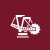 Icon of an industrial machine with rotating blade on a maroon background.