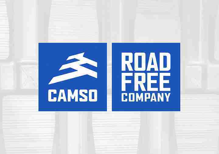 camso_720-1 A blue and white logo for road free company.